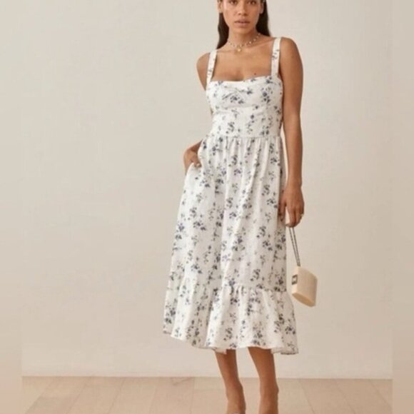 NEW Reformation Maegan Linen Dress Floral White Midi Dress Madeleine | US 0 UK 4 - Picture 3 of 12